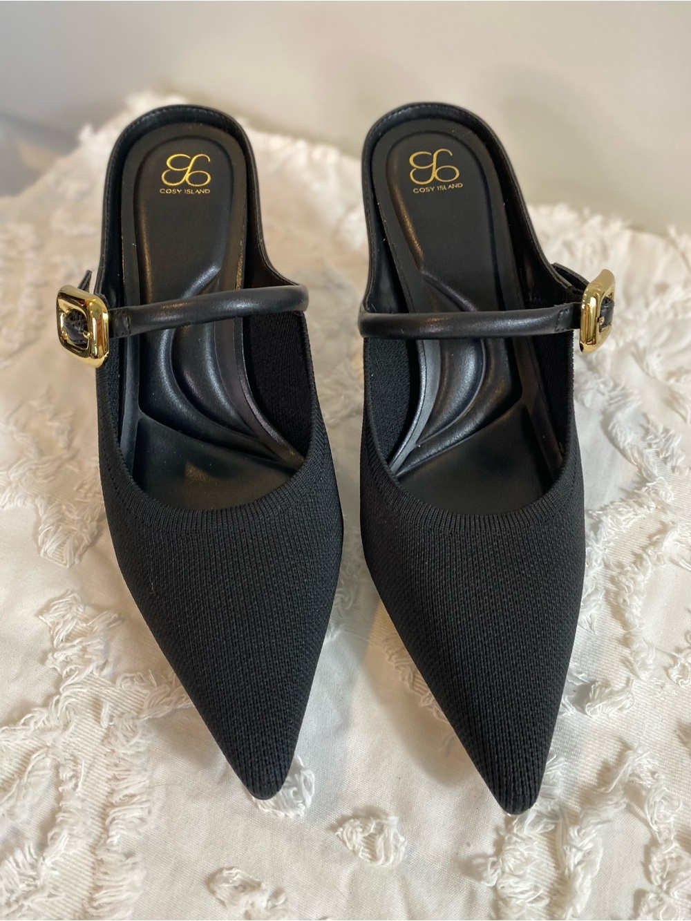 New!  Black Pointed Slingback Heels with Gold Buckle Accent - Picture 3 of 10